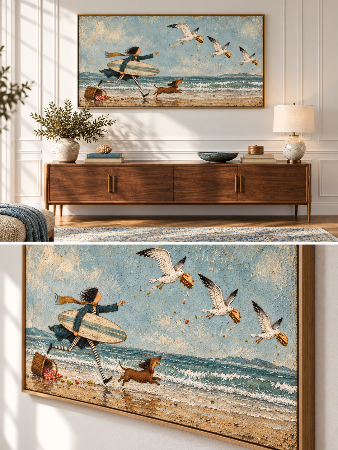 Whimsical Girl And Dachshund Beach Painting With Seagulls Hand-Painted Canvas Art