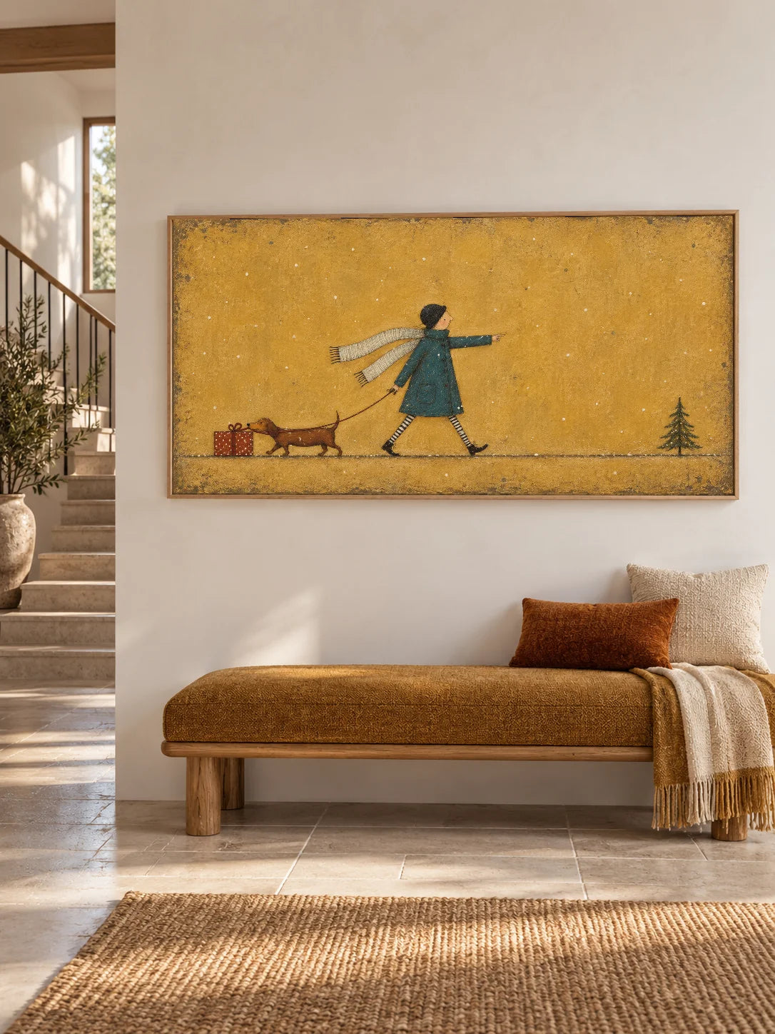 Hand Painted Dog Walk Wall Art Minimalist Playful Christmas Canvas Artwork Painting