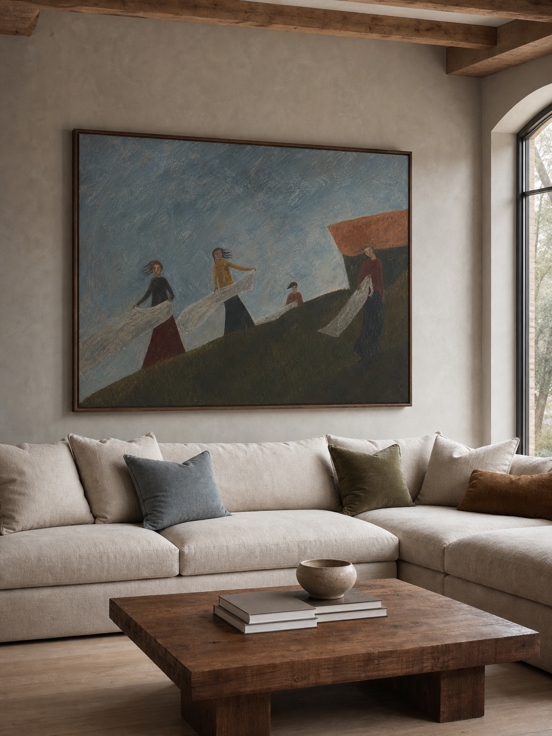 Expressive Modernist Oil Painting Of People And Nature With Dynamic Wind Motion