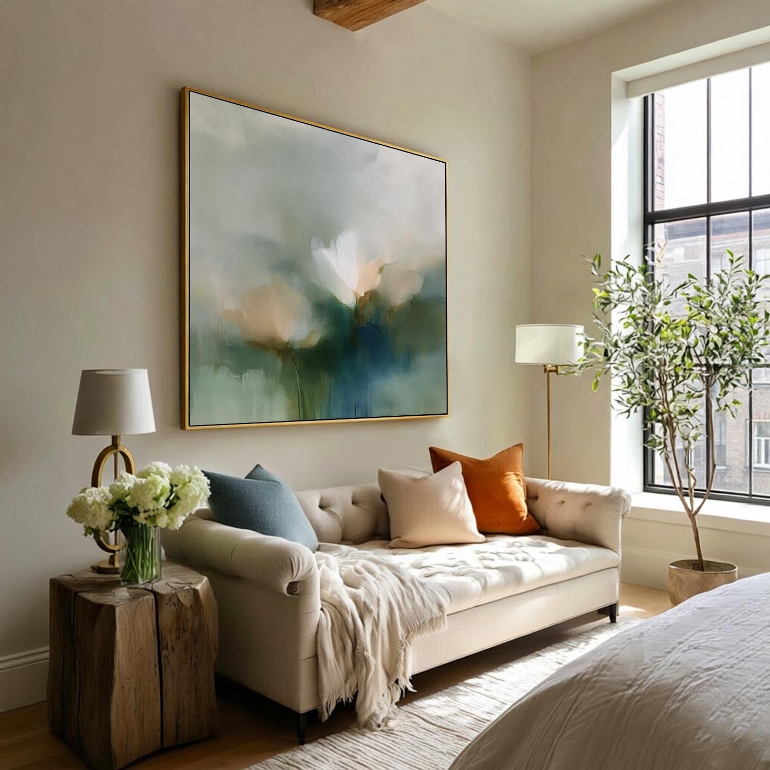 Minimalist Abstract Flower Art With Textured Linen Canvas Neutral Wall Decor