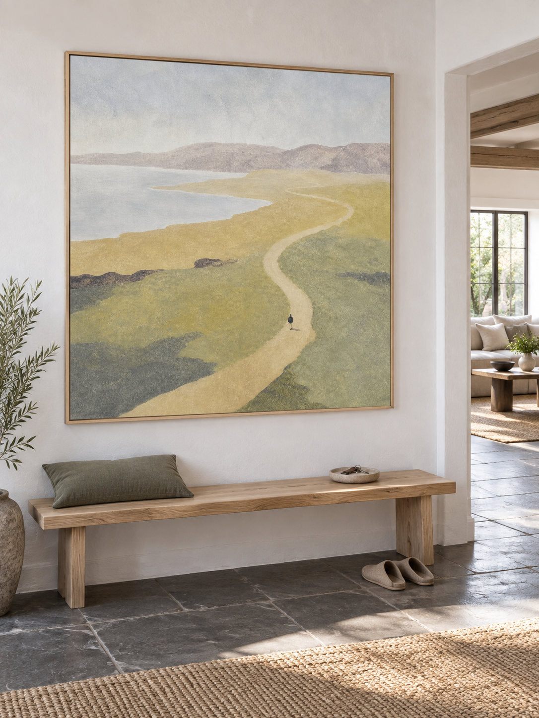 Minimalist Winding Lakeside Path Canvas Art With Lone Walker For Office Decor