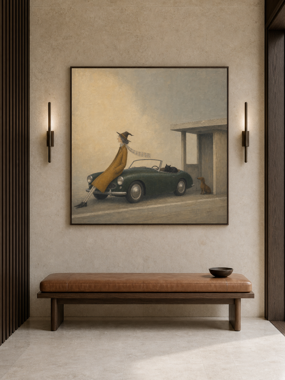 Vintage Car Painting With Woman And Pets Nostalgic Square Art For Home Decor