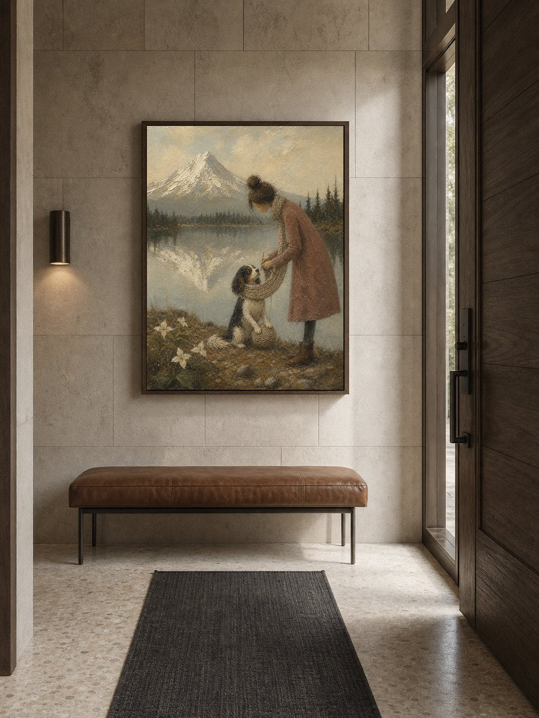 Vintage Pet Travel Wall Art Woman And Dog Abstract Landscape Oil Painting