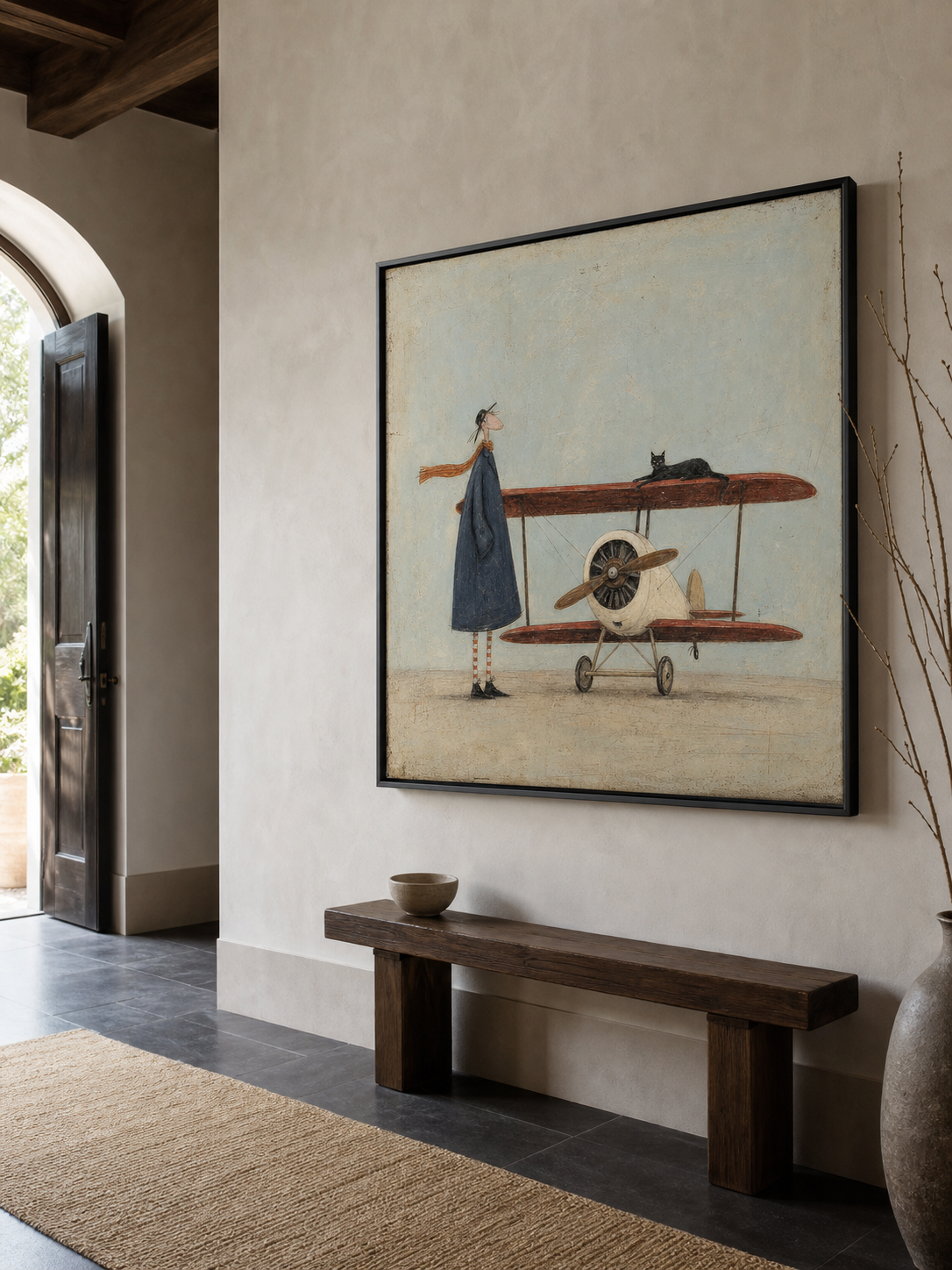 Vintage Airplane Art With Whimsical Figure In Square Canvas Framed For Modern Home Decor