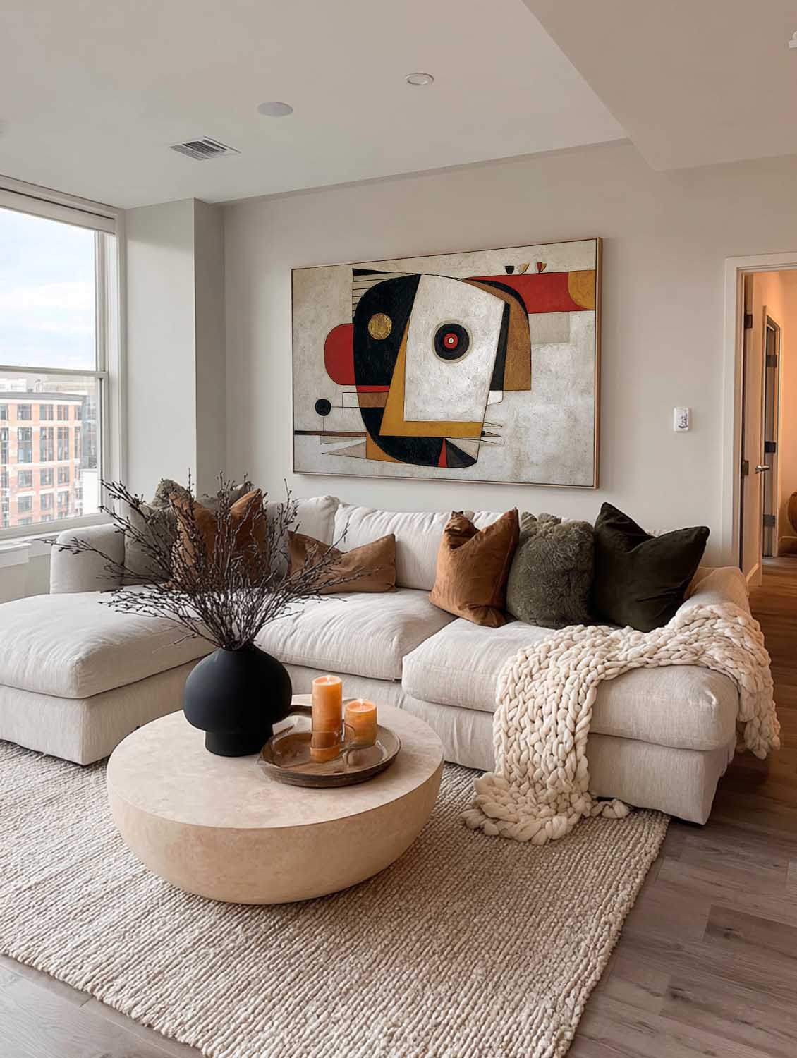 Large Horizontal Geometric Abstract Painting With Red And Gold Accents For Living Room
