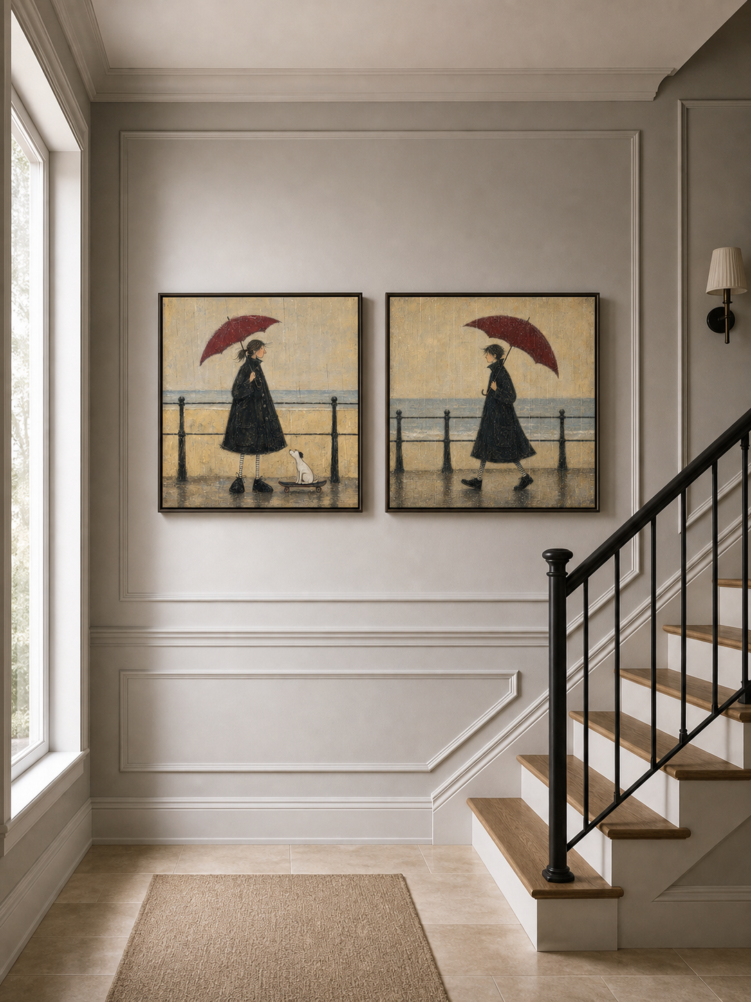 Vintage Seaside Couple Diptych With Red Umbrellas Hand Painted Oil Painting For Bedroom