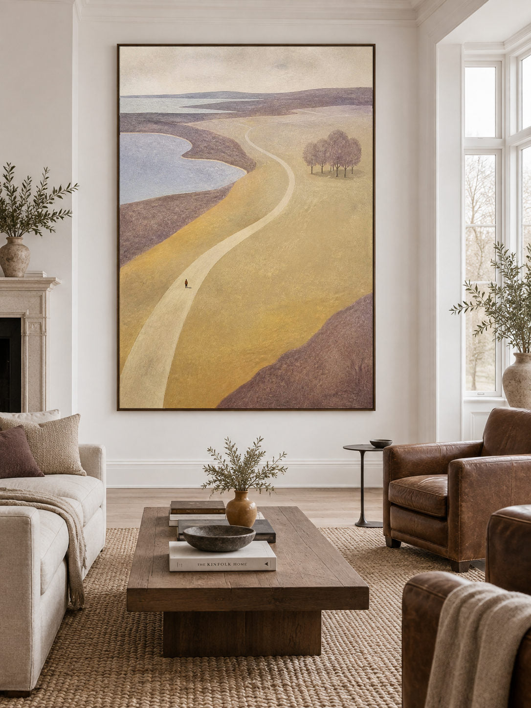 Neutral Ochre Landscape Wall Art With Distant Trees For Modern Bedroom Decor