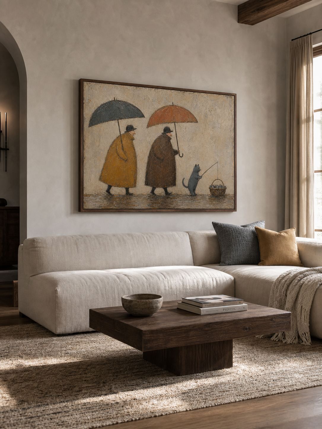 Whimsical Cat Fishing Canvas Art Umbrella Walk Vintage Rainy Oil Painting