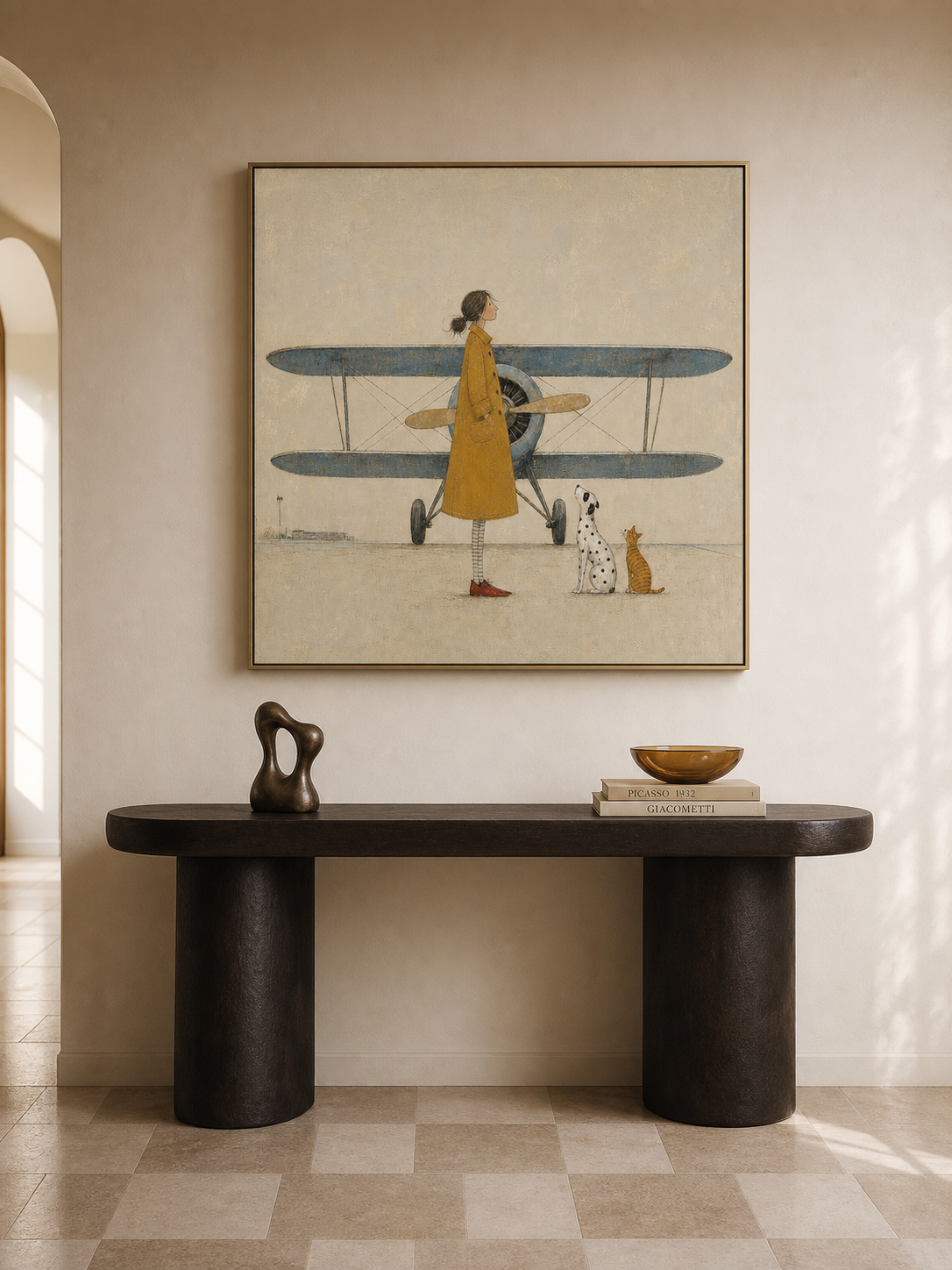 Whimsical Girl And Airplane Painting Retro Illustration On Linen Canvas For Home