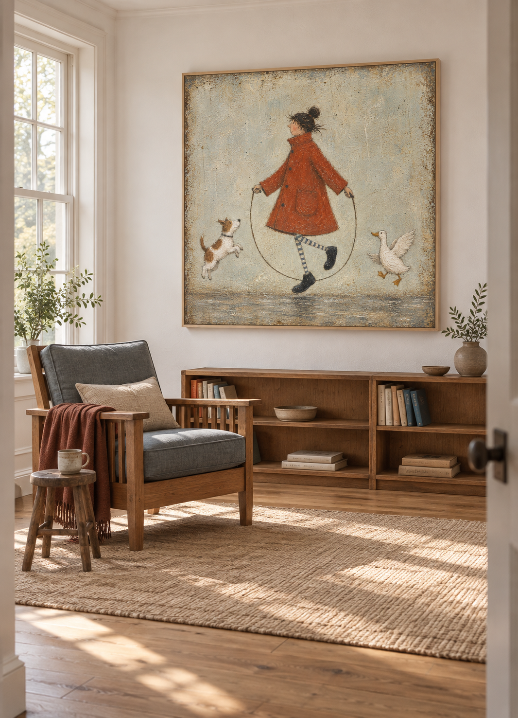 Whimsical Girl Dog And Duck Jump Rope Hand-Painted Canvas Wall Art