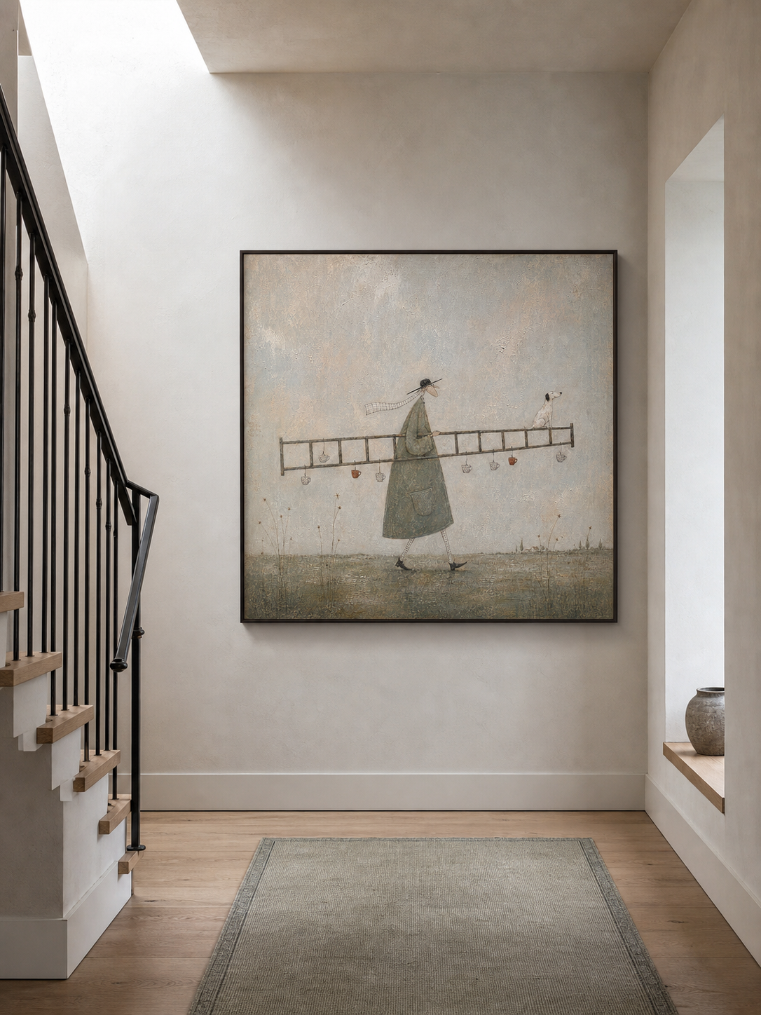 Original Man With Ladder Oil Painting Handmade Whimsical Wall Art For Living Room