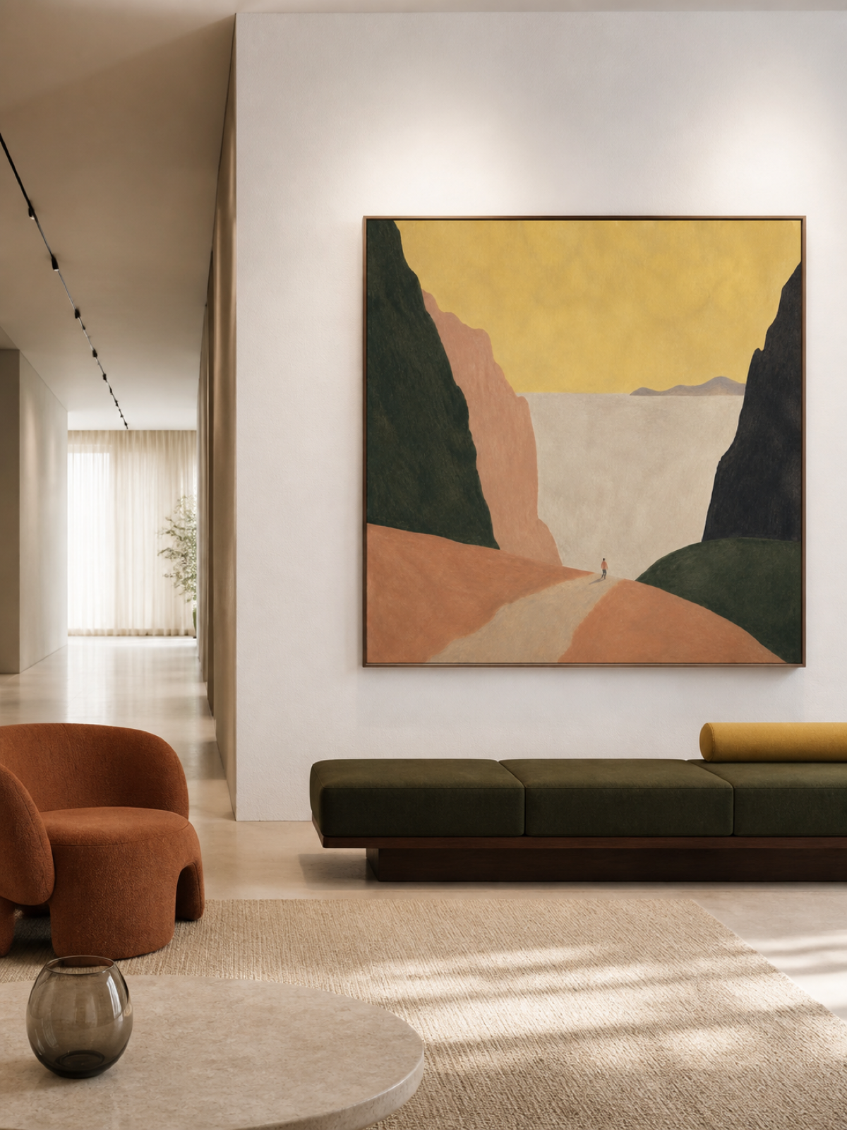 Golden Sky And Dark Green Cliffs With A Lone Wanderer Contemporary Oil Painting