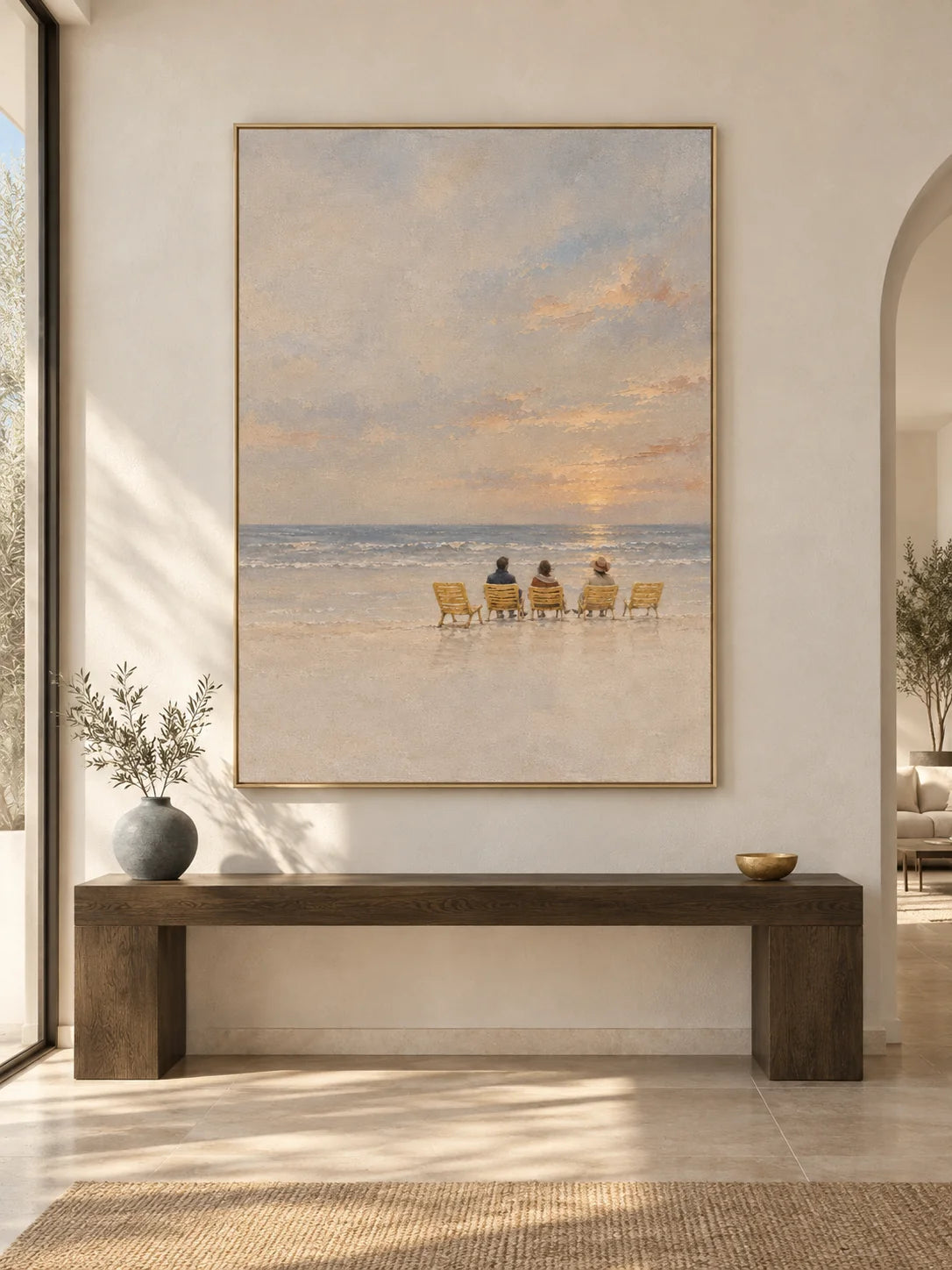 Calm Serene Minimalist Beach Canvas Art At Sunset For Modern Bedroom Decor