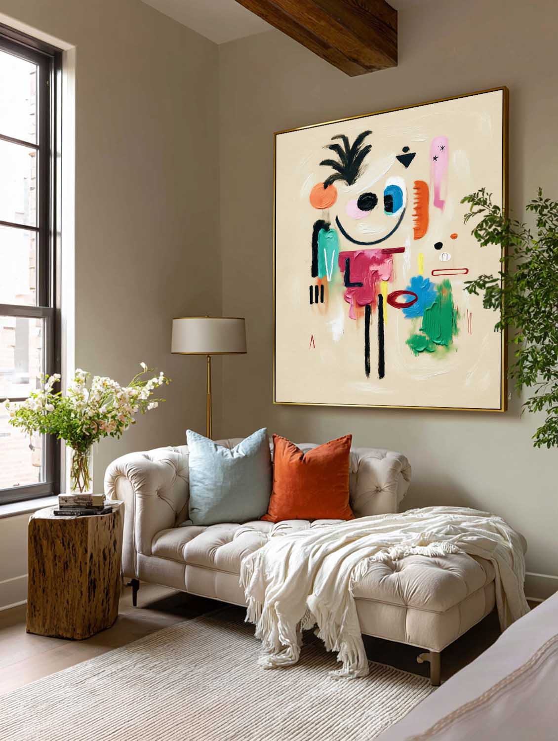 Minimalist Beige Abstract Cartoon Character Painting With Colorful Texture For Modern Decor