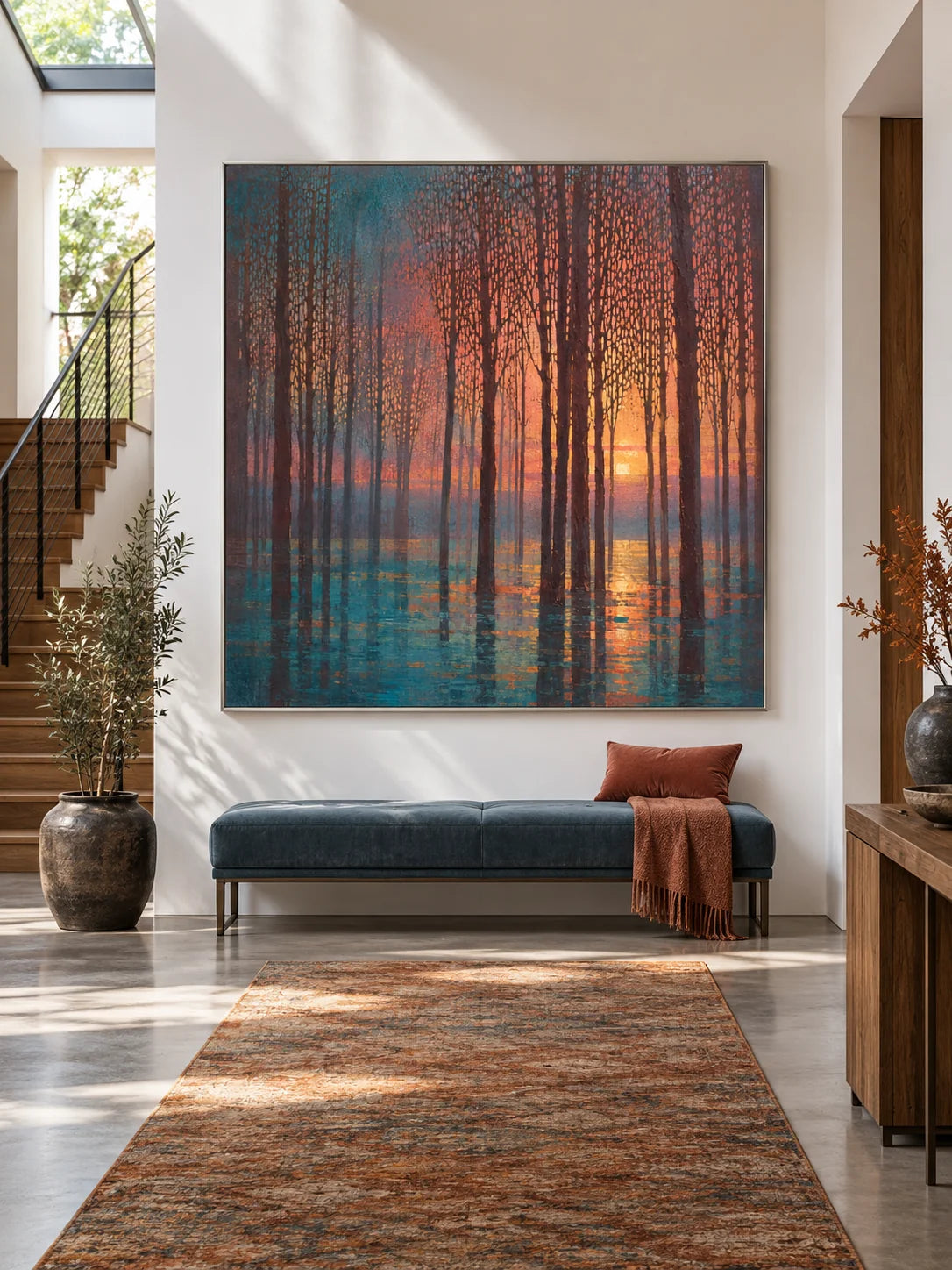 Large Textured Woodland Painting In Teal And Burnt Orange For Living Room Decor