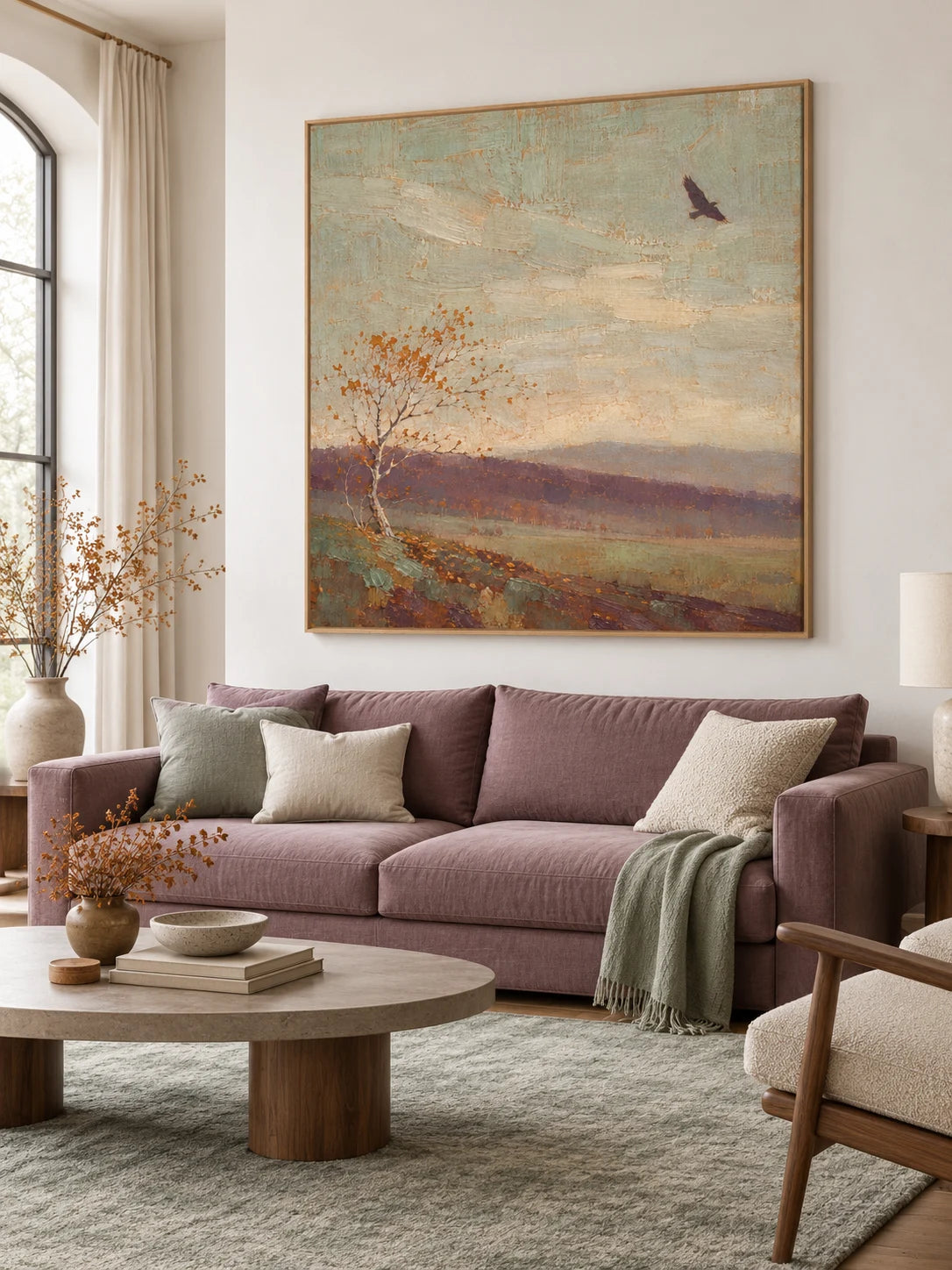 Minimalist Countryside Landscape Canvas Art With Lone Autumn Tree And Bird
