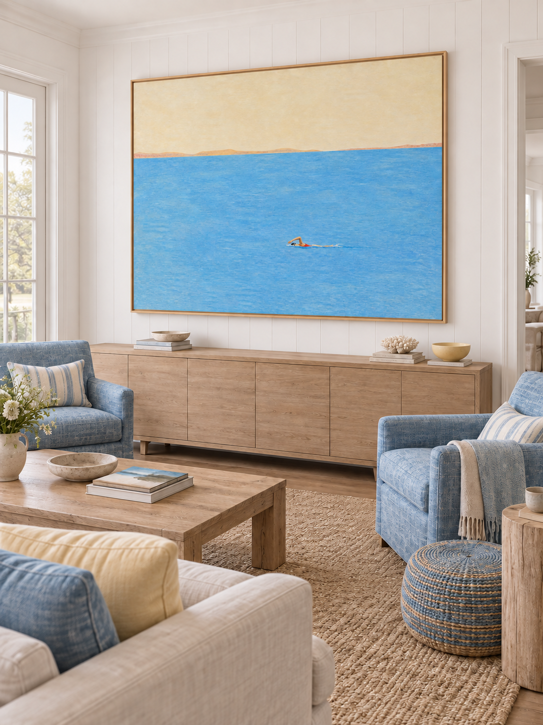 Minimalist Freestyle Swimmer Art For Serene Coastal Interior Design Spaces