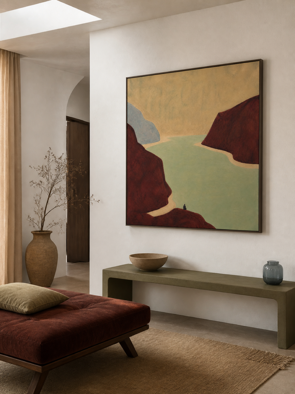 Burgundy Canyon Landscape Hand-Painted Canvas Art With Sage Green Lake