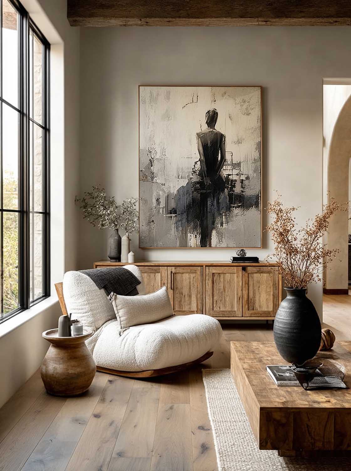 Minimalist Abstract Lady Canvas Artwork Handmade Black And Beige Lady Oil Painting Handmade Abstract Woman In Black Dress Oil Painting