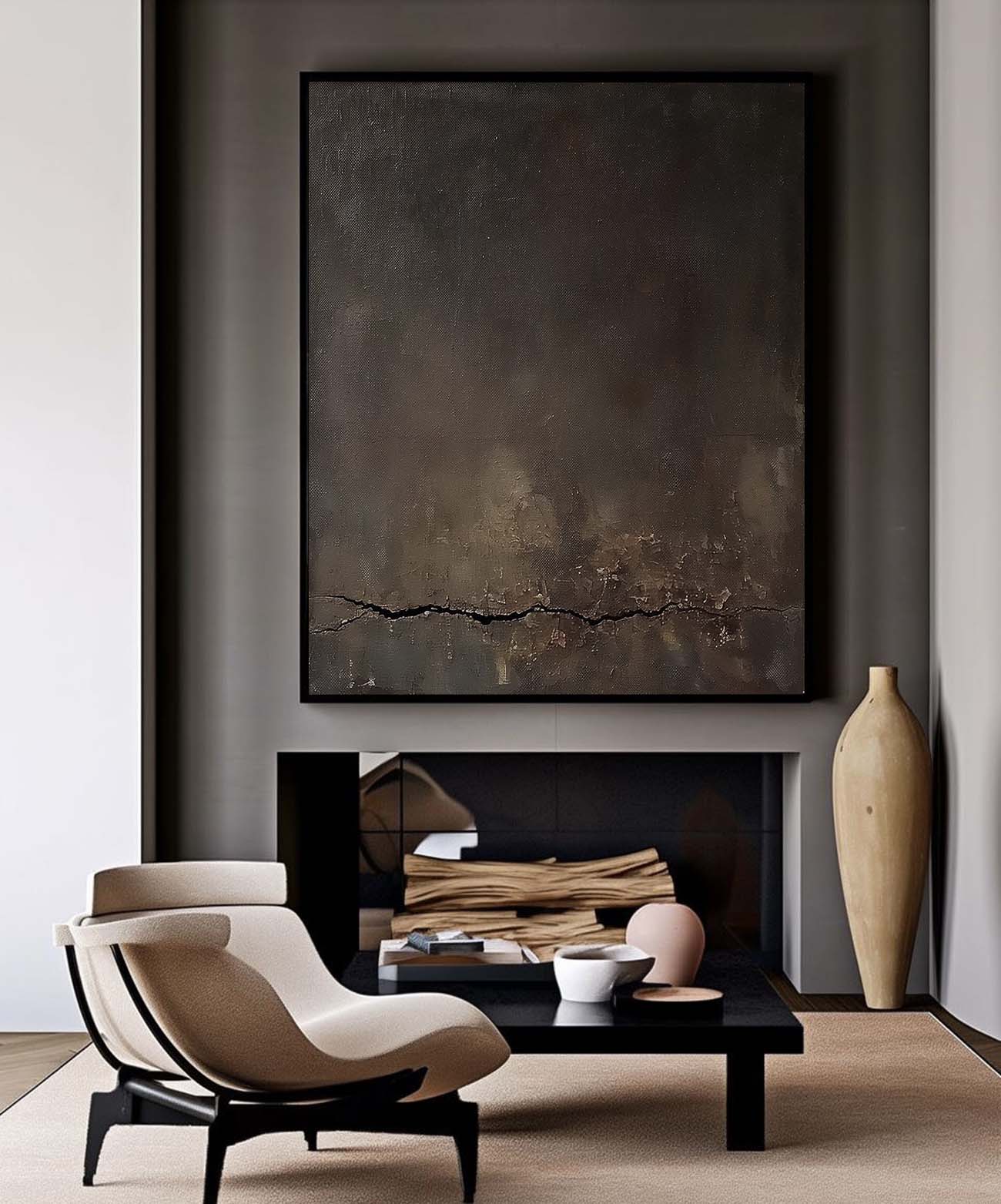 Black And Brown Minimalist Wall Art Oversized Textured Canvas Art Neutral Wabi-sabi Painting