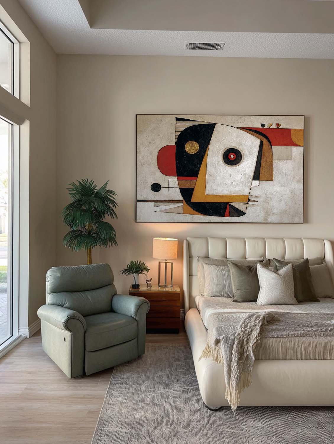Large Horizontal Geometric Abstract Painting With Red And Gold Accents For Living Room