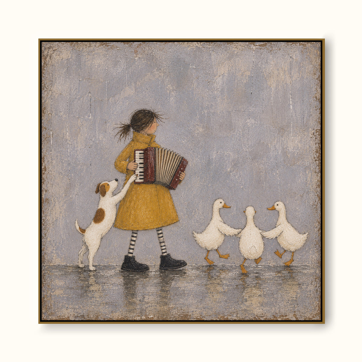 Girl With Accordion And Ducks Hand-Painted Canvas Art In Yellow And Grey