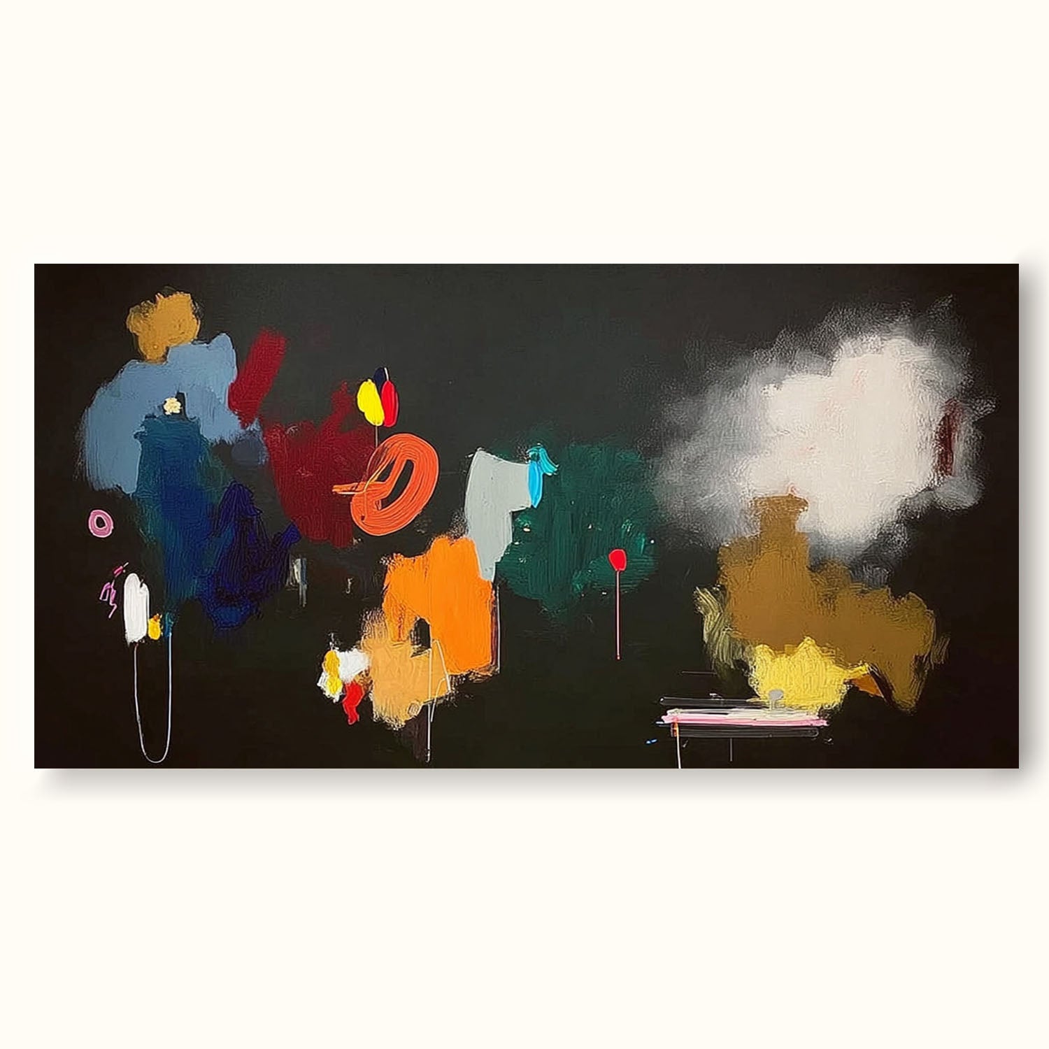 Large Horizontal Abstract Oil Painting With Vibrant Colors For Modern Living Room