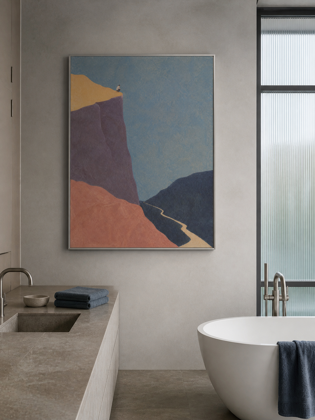 Abstract Canyon Landscape Hand-Painted Canvas Art With Figure