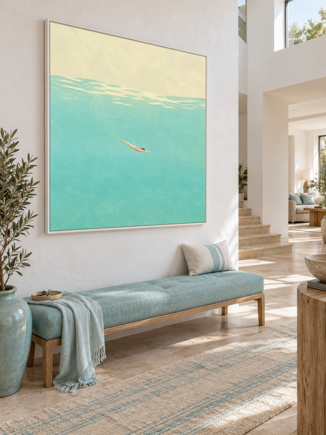 Underwater Swimmer Canvas Painting Hand-Painted Blue Sea Wall Art