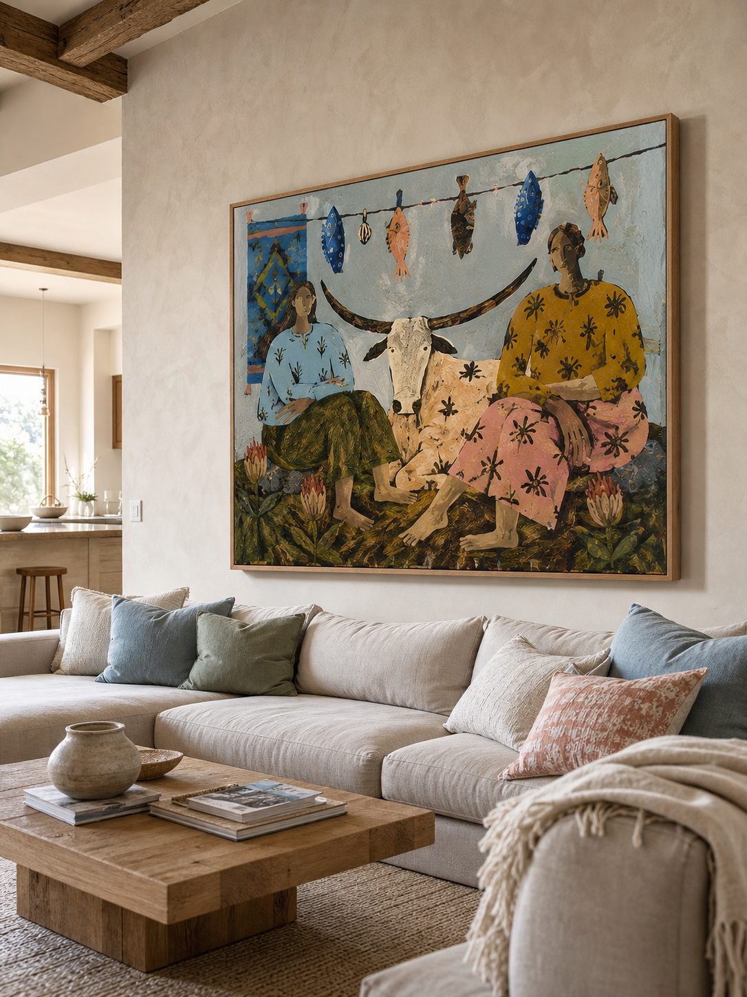 Vintage Inspired Bohemian Figurative Painting Of Rural Woman With Rustic Cow Scene