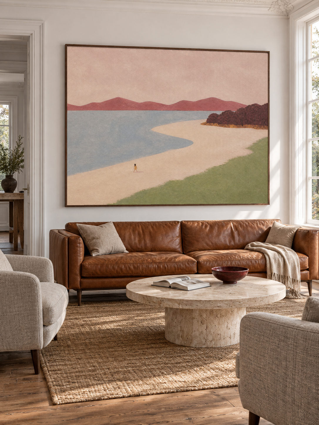 Neutral Dusty Blue Beach Canvas Art With Lone Walker For Modern Bedroom Decor