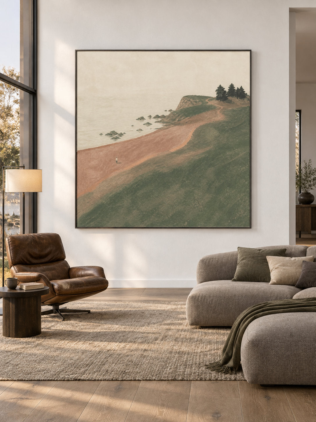 Coastal Cliff Landscape Hand-Painted Canvas Art With Solitary Figure And Pine Trees