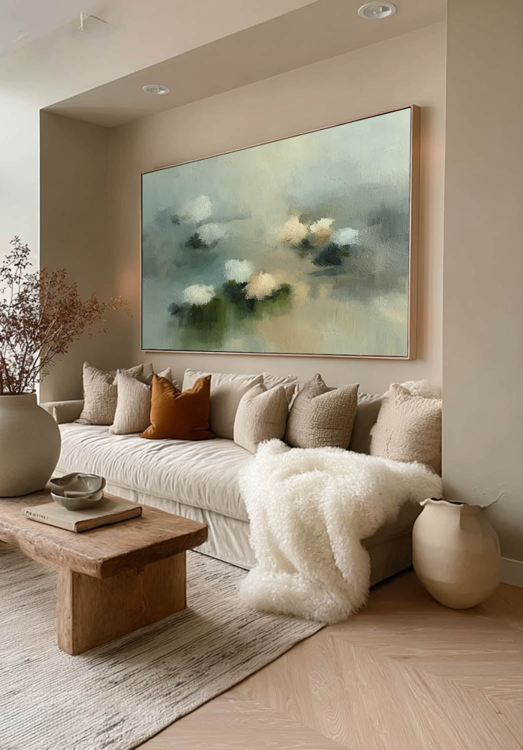Large Horizontal Abstract Floral Painting In Soft Green And White For Living Room