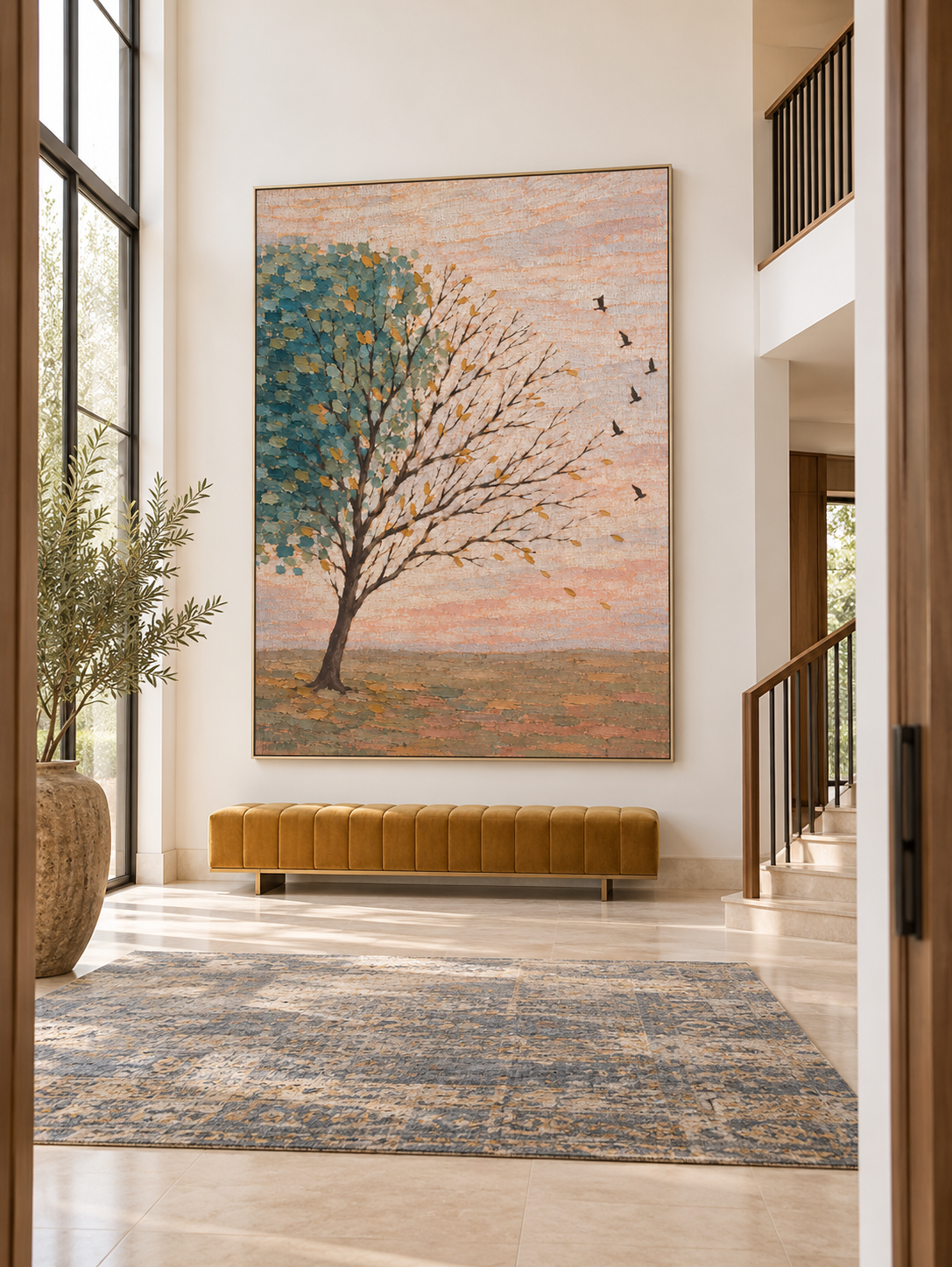 Hand Painted Teal Tree Landscape Wall Art Large Modern Nature Canvas Artwork