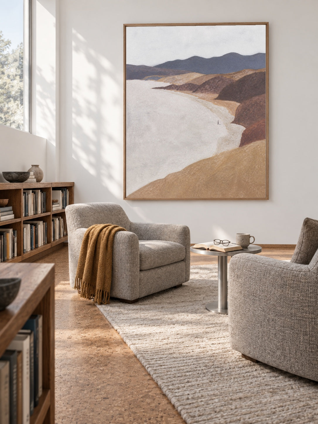 Minimalist Beach Landscape Hand-Painted Canvas Art With Solitary Figure In Earth Tones
