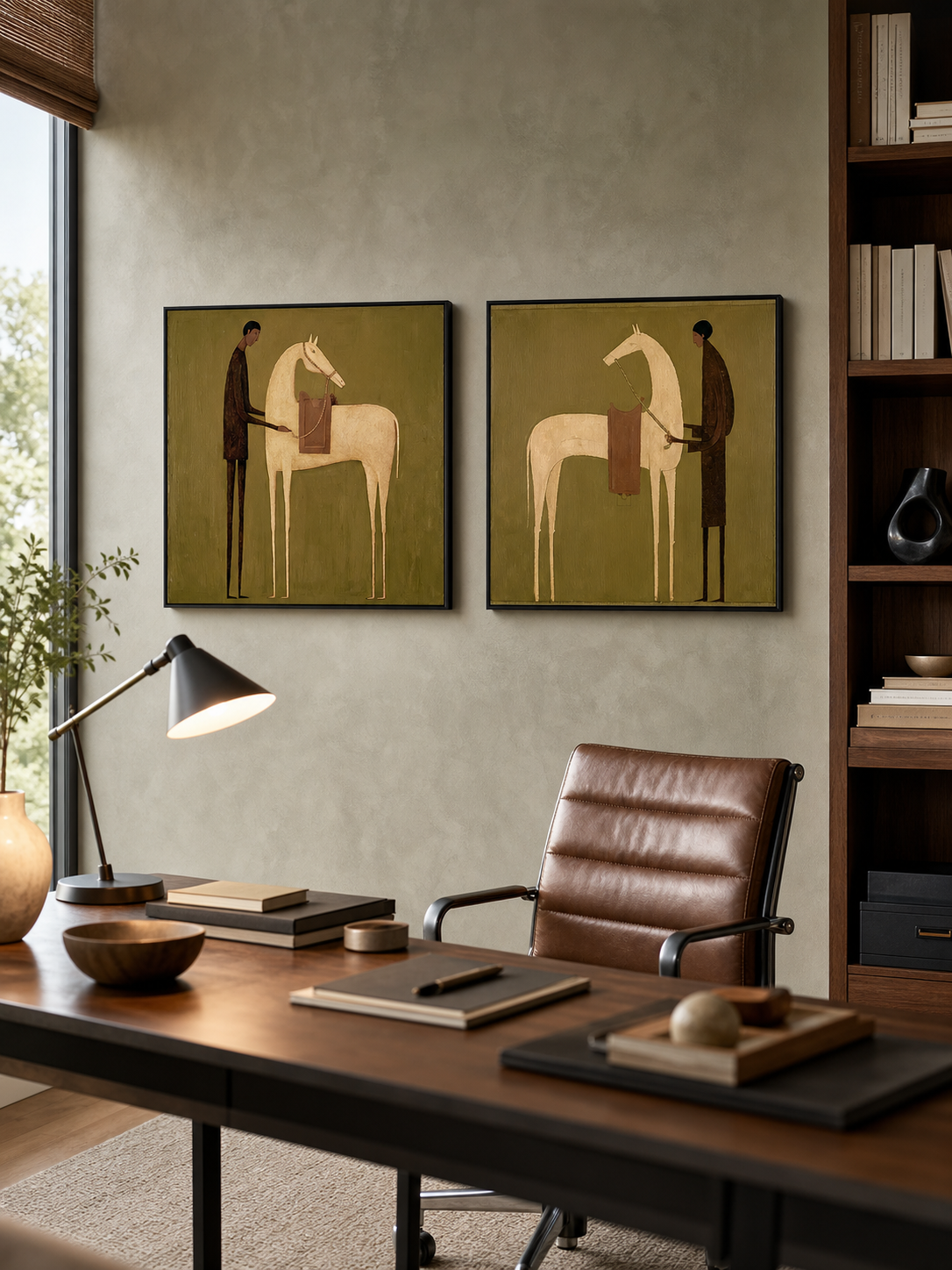 Vintage Equestrian Oil Painting Set Of Two Beige Brown Wall Art For Living Room