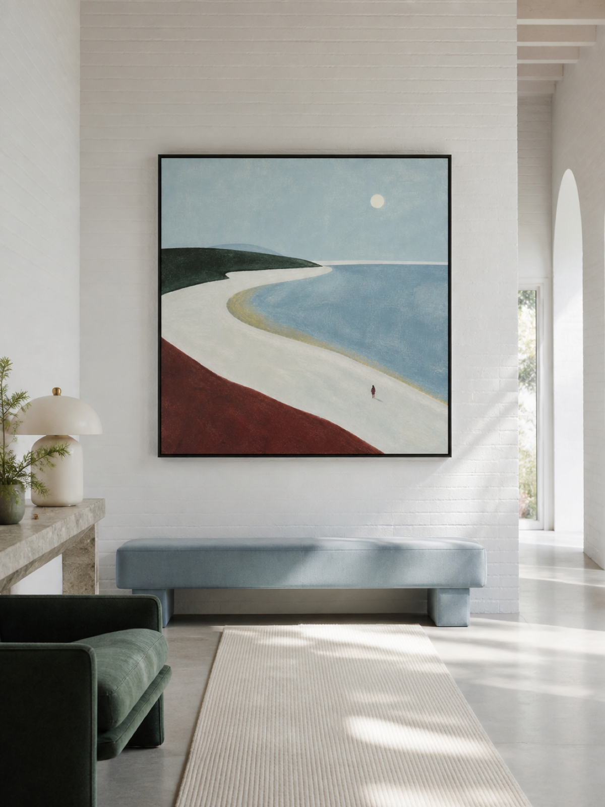 Minimalist Moonlit Beach Painting Original Art In Soft Blue And Earth Tones