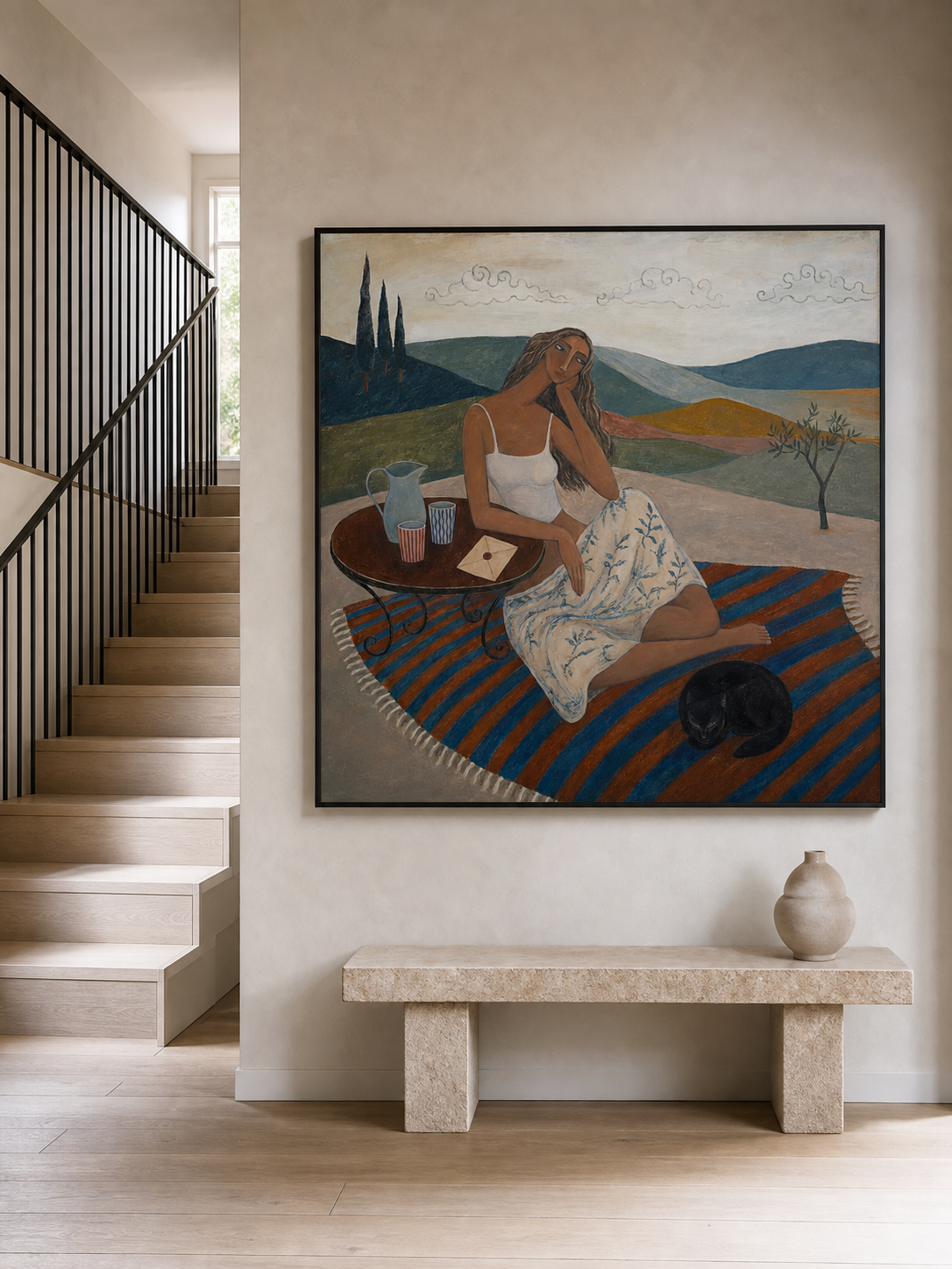 Mediterranean Vintage Oil Painting Of Woman In Countryside With Cat And Blue Rug