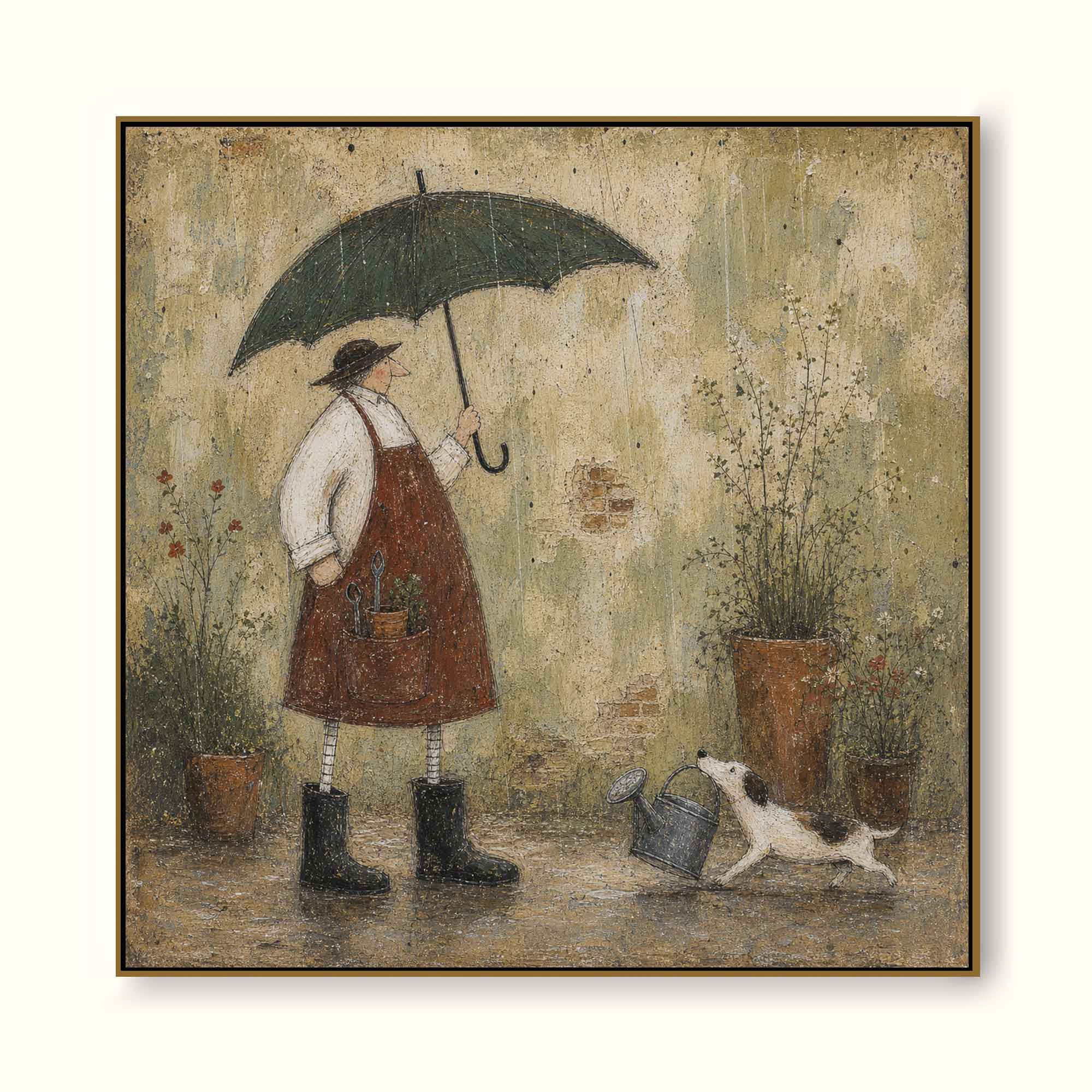 Vintage Gardener With Dog Painting In Earthy Tones For Cozy Home Decor