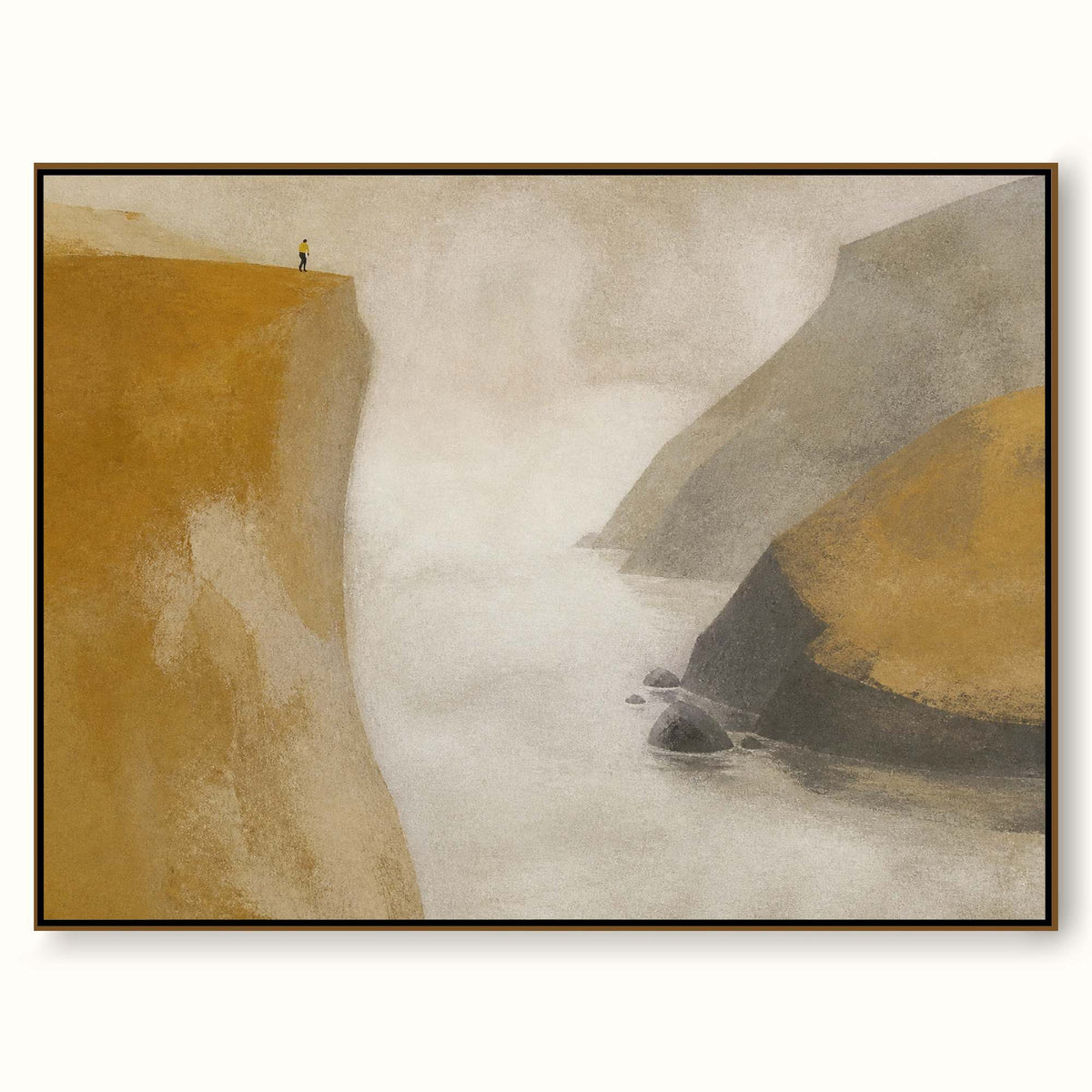 Golden Ochre Cliff And Misty Silver Inlet Contemporary Landscape Oil Painting