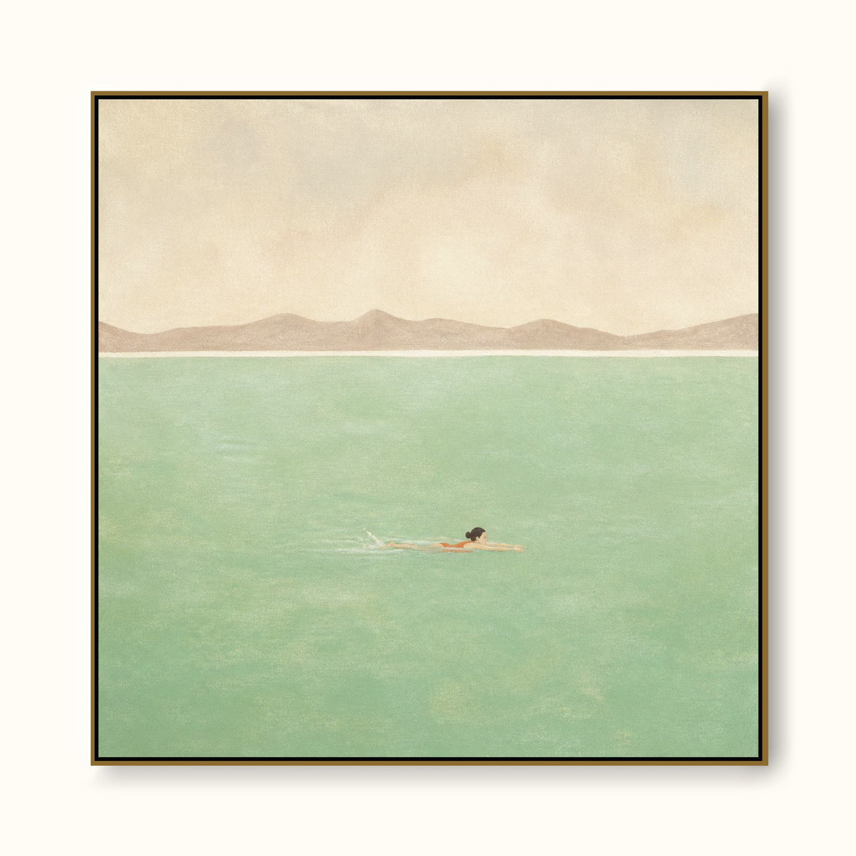Hand-Painted Pale Green Sea Swimmer Canvas Wall Art With Mountain Horizon