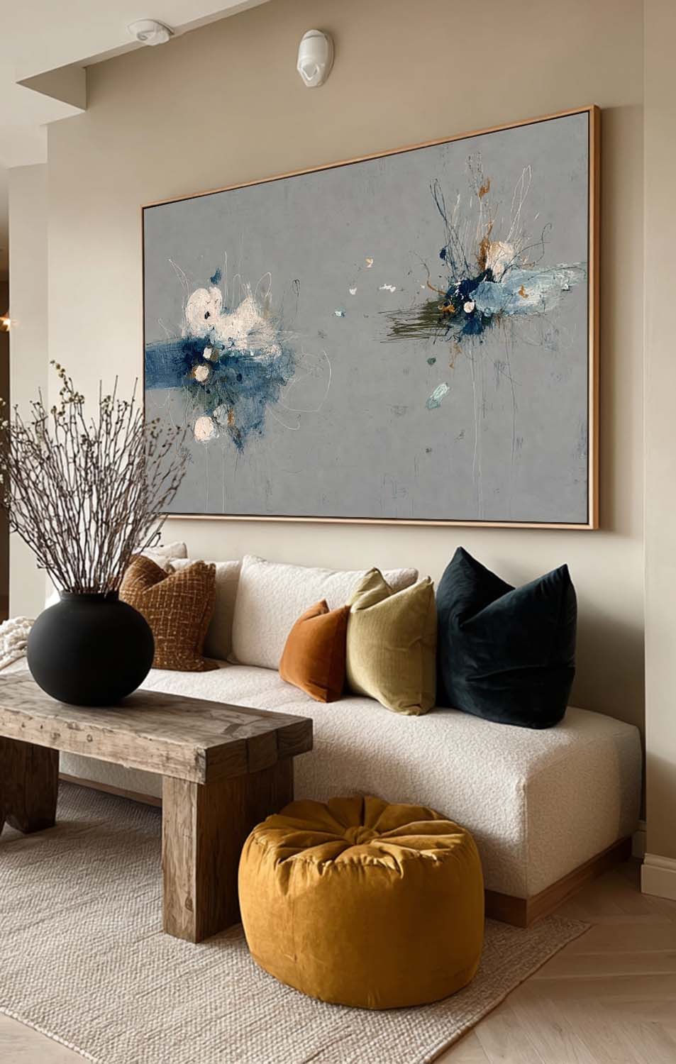 Large Horizontal Abstract Grey Blue Painting For Modern Living Room Decor