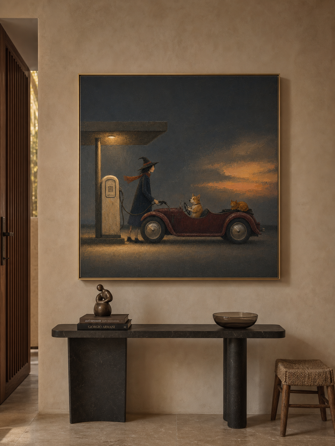 Vintage Car Painting With Witch And Dog Classic Wall Art For Home Decor