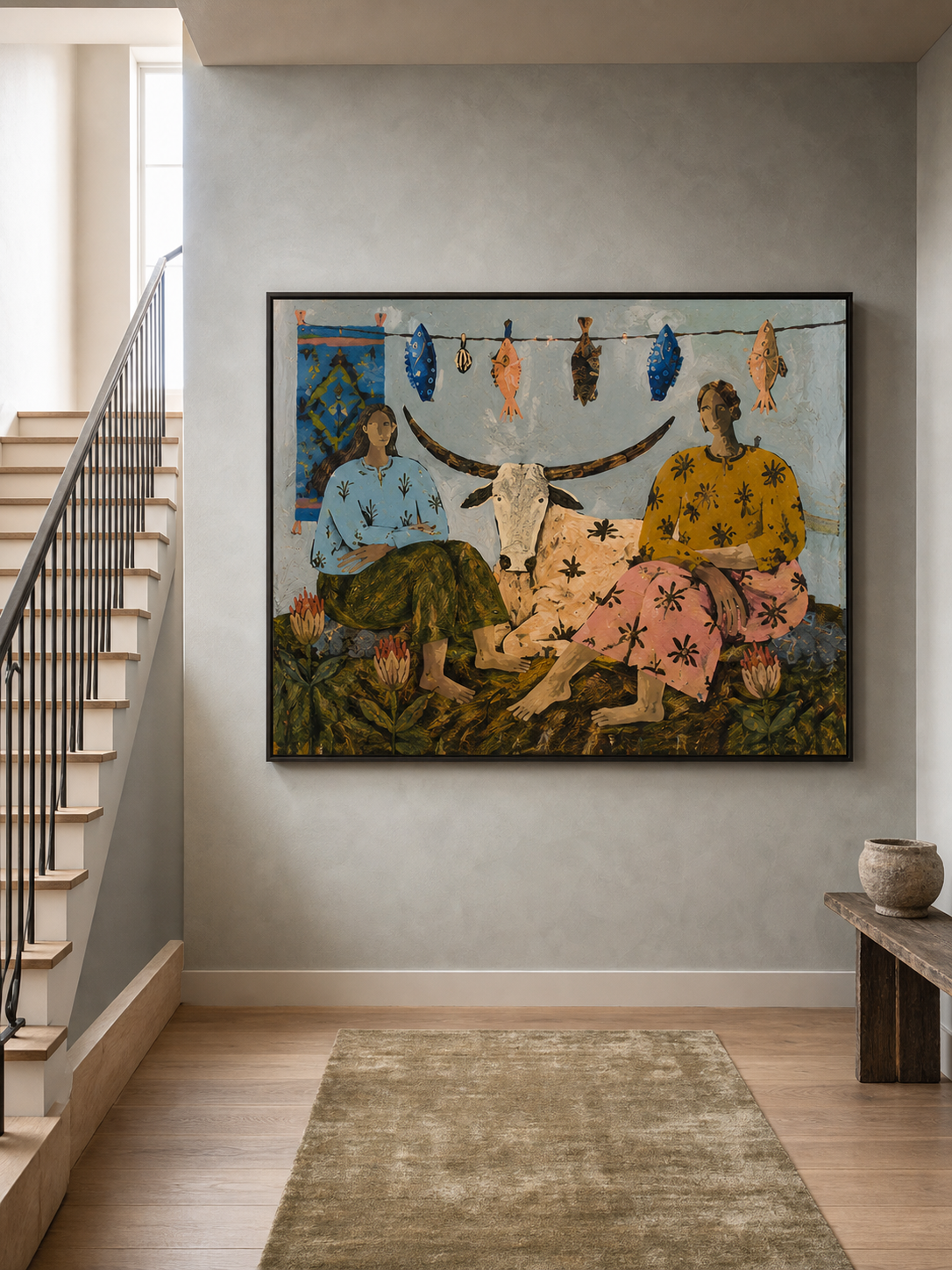 Vintage Inspired Bohemian Figurative Painting Of Rural Woman With Rustic Cow Scene