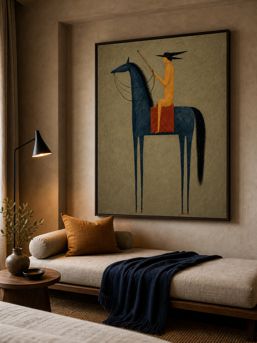 Retro Minimalist Oil Painting Of Figure And Horse On Linen Canvas For Modern Home Decor