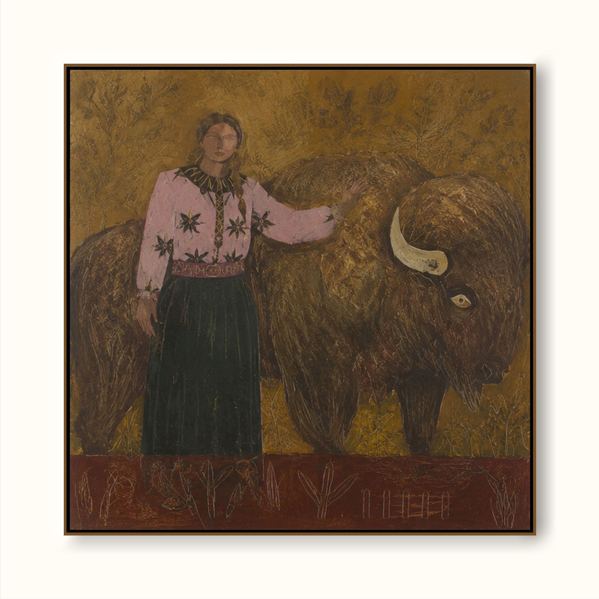 Folk Contemporary Art Painting With Bison And Woman In Brown Pink Green Tones For Living Room Wall Decor