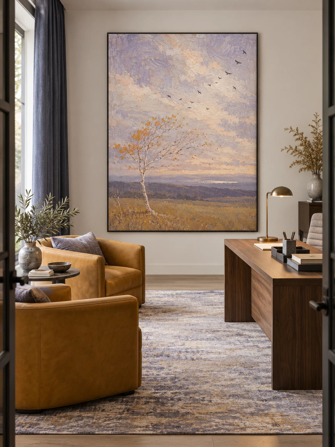 Large Hand Painted Autumn Birch And Birds Landscape Wall Art