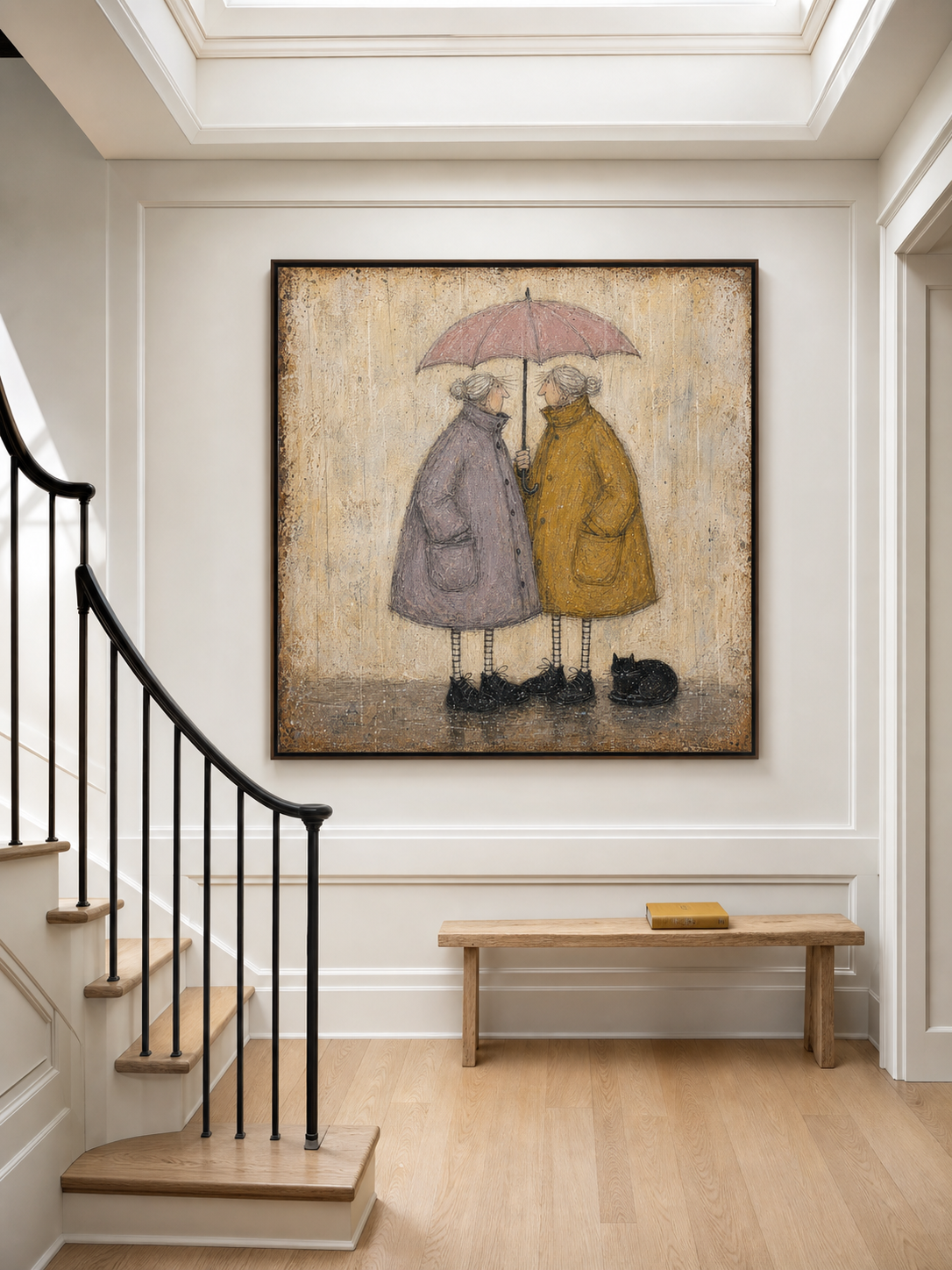 Whimsical Elderly Couple Under Umbrella Vintage Oil Painting For Cozy Living Room Wall Art