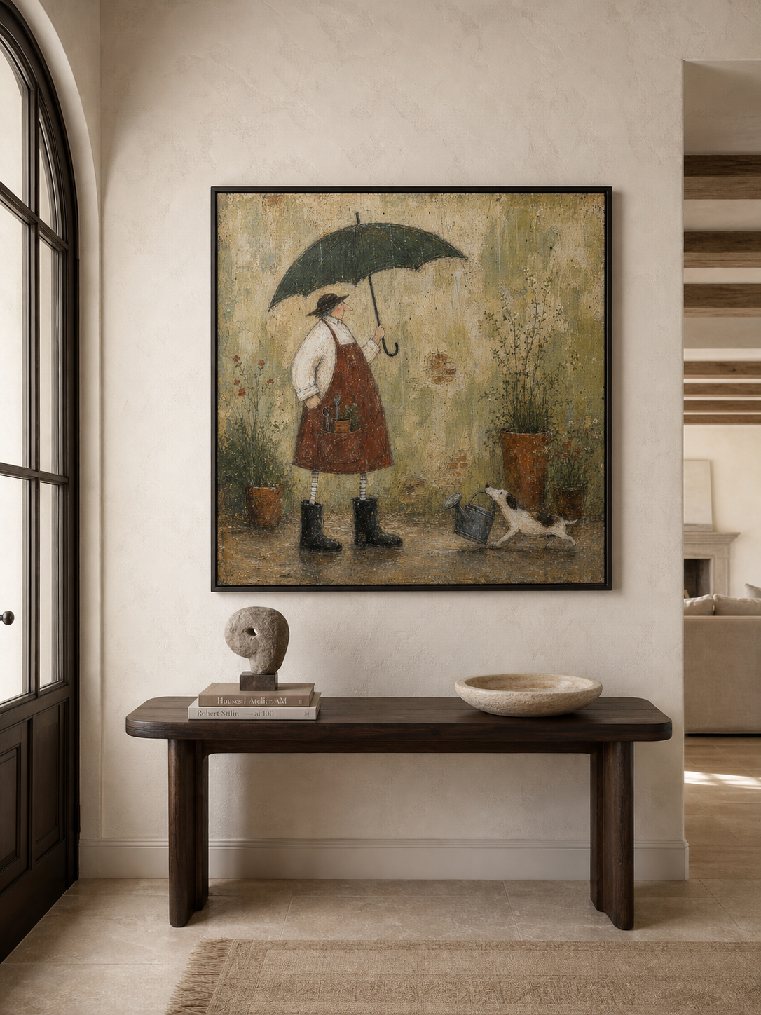 Vintage Gardener With Dog Painting In Earthy Tones For Cozy Home Decor