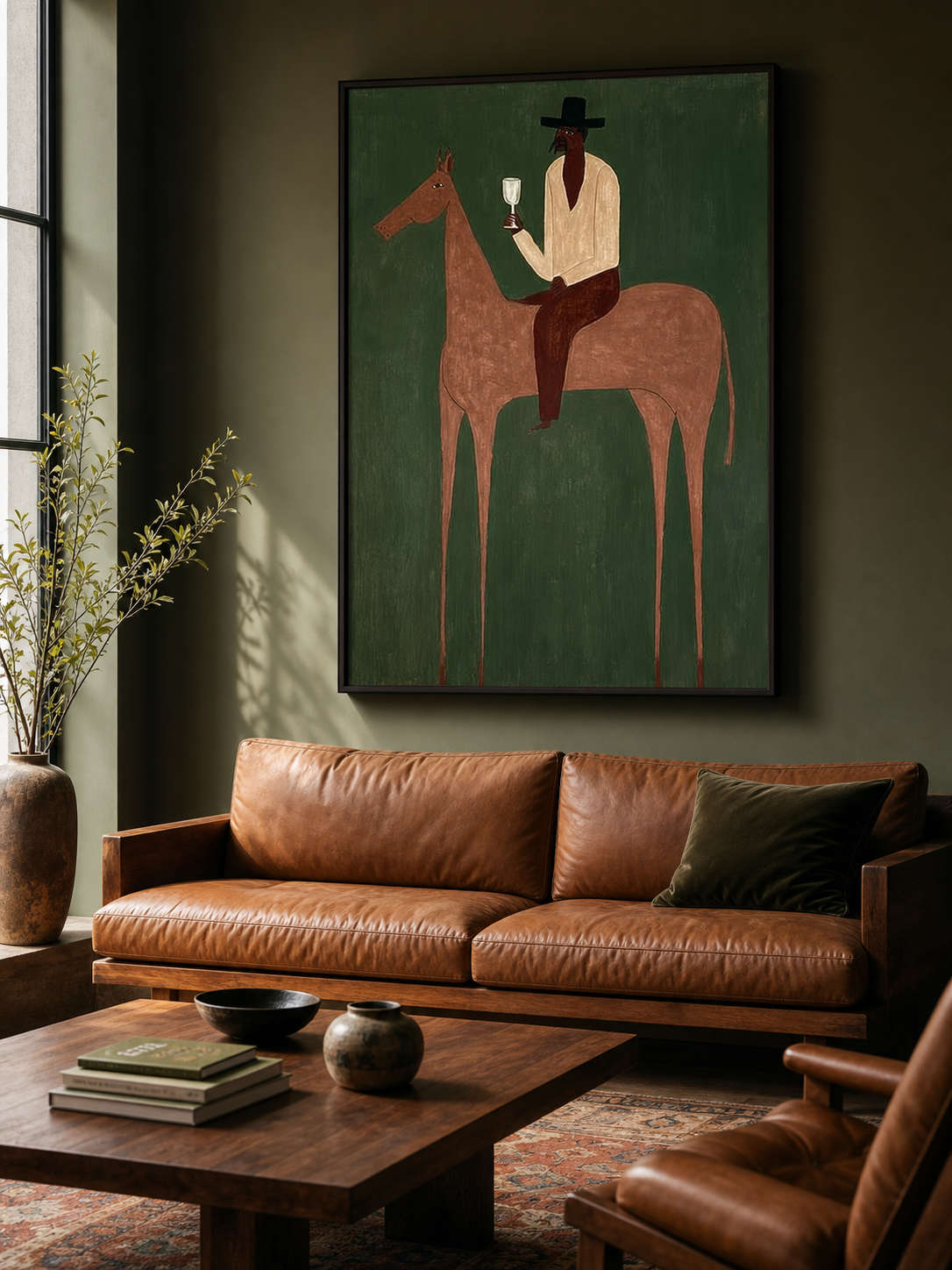 Vintage Minimalist Horse Oil Painting Framed Green Canvas Wall Art For Bedroom Sanctuary